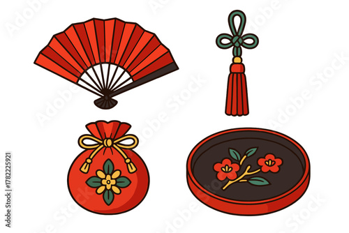 Set of traditional Japanese New Year items including folding fan, lucky charm pouch, tassel, and plum blossom dish