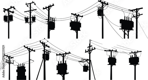 Utility pole and transformer silhouette vector set, electrical power line illustration, energy distribution infrastructure design, industrial electricity system flat vector