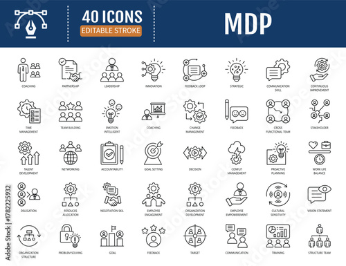 Management development program (MDP) icon set. Includes leadership, strategic, decision making,communication skill icon. Vector illustrationwith editable strokes