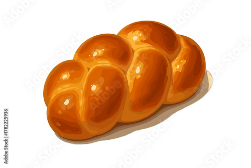 Freshly baked golden brown braided bread loaf with a glossy finish isolated on white