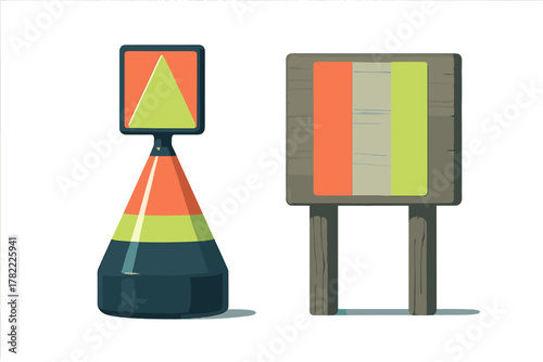 Navigational buoy and wooden signpost with bright warning colors for maritime safety