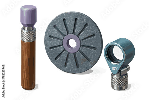 Collection of precision tools including a magnifying loupe, abrasive disc, and wooden handled instrument