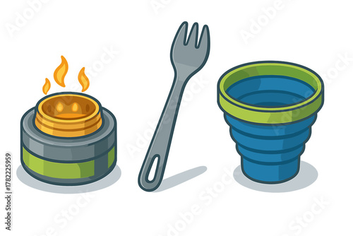 Outdoor cooking and eating equipment set featuring a portable burner, metal spork, and collapsible cup