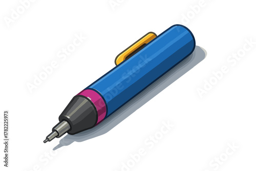 Brightly colored technical drawing instrument featuring a blue body and yellow clip