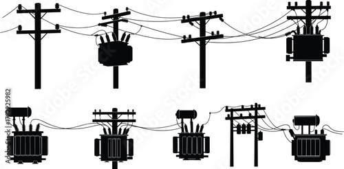Utility pole and transformer silhouettes with insulators, crossarms, electrical wires, voltage distribution systems, energy infrastructure illustration, power grid design, flat vector