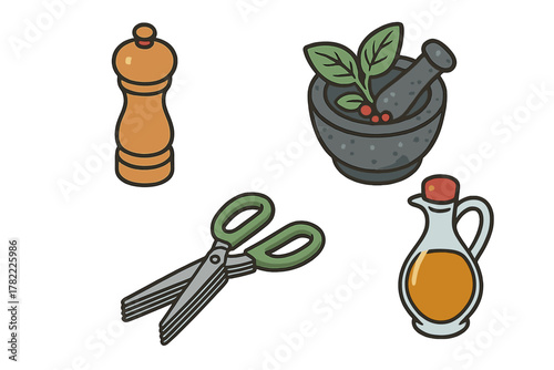 Essential kitchen tools for seasoning and cooking preparation featuring a mill, mortar, scissors, and oil cruet