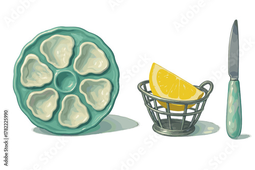 Ceramic oyster serving platter with lemon wedge in a wire basket and shucking knife
