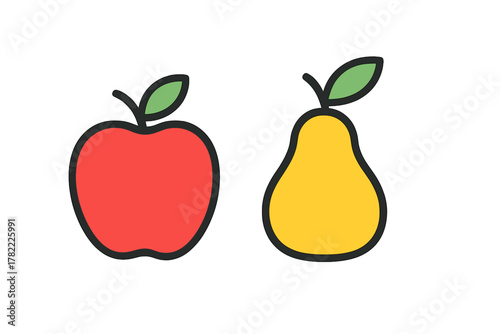 Vibrant red and golden yellow stylized pear fruit icons with stems and leaves