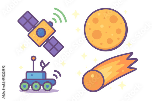 Space exploration objects set featuring satellite, planetary rover, moon, and comet