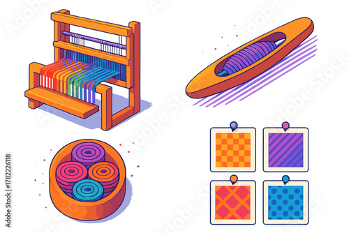 Traditional weaving tools set with loom, shuttle, yarn spools, and textile patterns