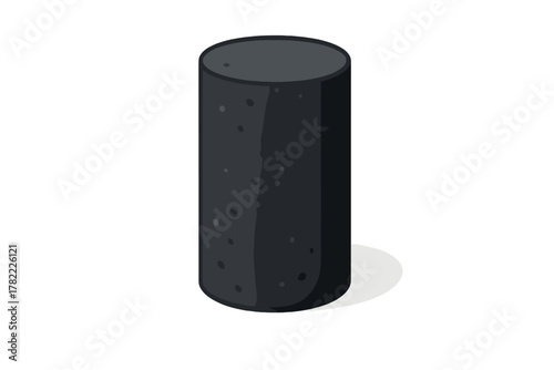 Dark gray cylindrical core sample with speckled texture in isometric view