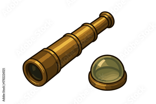 Vintage brass spyglass telescope lying next to its detached protective lens cap