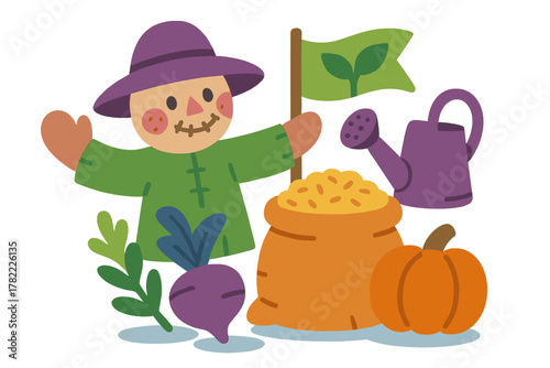 Friendly scarecrow standing among autumn harvest crops and farming equipment