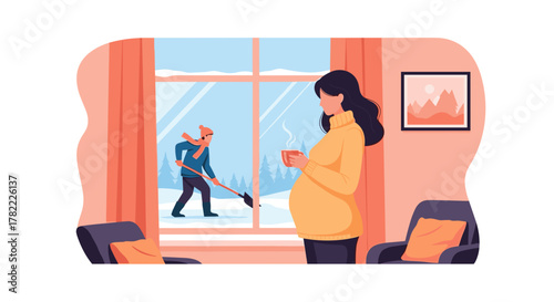 Pregnant woman watching her husband shovel snow outside, reminder about avoiding overexertion during pregnancy