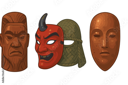 Collection of three ceremonial and theatrical masks including a red devil