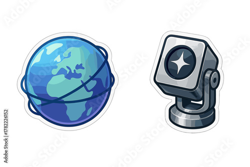 Detailed technology icons featuring a world globe and a metallic searchlight graphic element