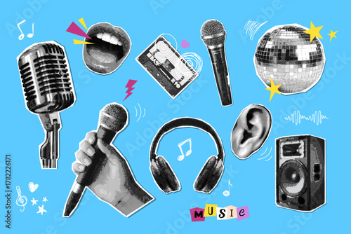 Music halftone collage. Microphone, speaker headphones sing ear mouth karaoke broadcast record mic mike elements retro pop art cutout vintage stickers, exact vector illustration