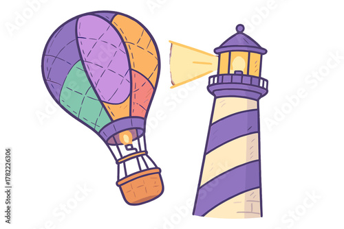 Colorful hot air balloon flying near a striped lighthouse with a bright light beam isolated on white background
