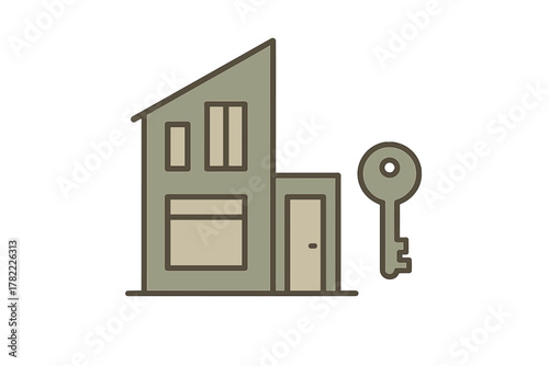 Minimalist modern house and large key symbol representing real estate transactions and home ownership