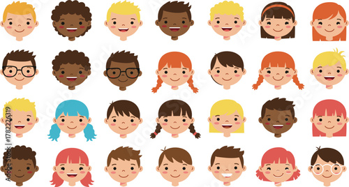 Diverse group of happy cartoon children faces, multicultural kids characters, cute smiling boys and girls avatars for education and design