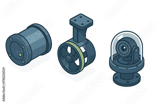 Underwater robotic components: thruster, cylindrical housing, and dome camera