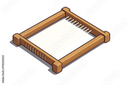 Isometric wooden weaving loom frame with stretched warp threads for textile crafting