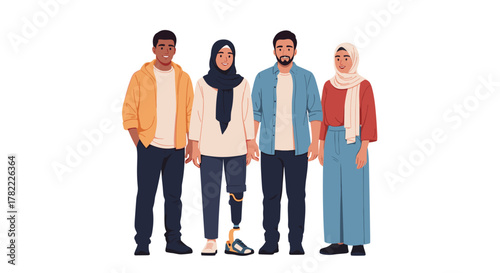 Diverse group of friends including Muslim women and a person with a prosthetic leg, celebrating unity and inclusion in a modern setting