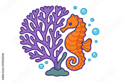 Cute orange seahorse swimming near vibrant purple coral reef structure with blue bubbles