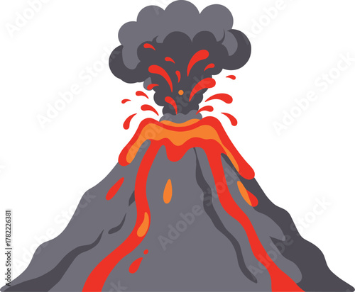 Explosive volcanic eruption with flowing lava and smoke cloud, active volcano mountain spewing hot magma, natural disaster illustration scene