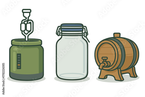 Home brewing equipment set with fermentation jar, airlock, glass jar, and wooden barrel keg
