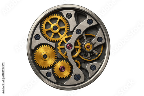 Intricate mechanical watch movement with golden gears and silver components isolated on white