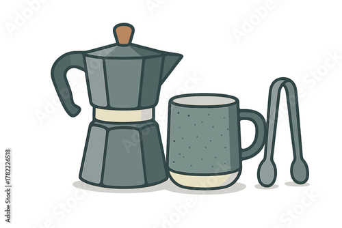 Traditional Moka pot, speckled ceramic coffee mug, and sugar tongs set
