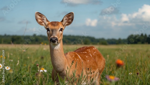 Fototapeta Naklejka Na Ścianę i Meble -  A deer in a summer meadow surrounded by lush grass, showcasing seasonal change