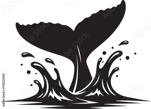 Majestic whale tail emerges from ocean water with dynamic splash and spray design