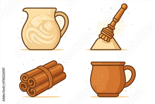 Traditional Mexican beverage ingredients set featuring horchata pitcher, molinillo whisk, cinnamon sticks, and clay mug