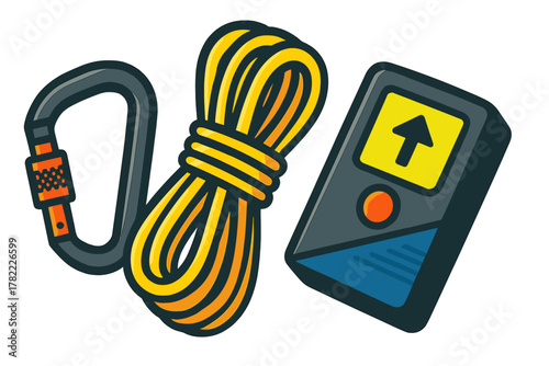 Essential gear for mountain climbing and outdoor adventure featuring carabiner, coiled rope, and navigation device