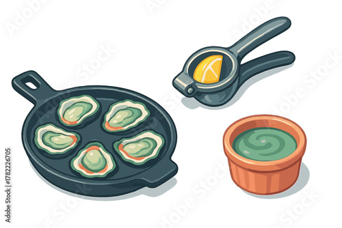 Preparing fresh oysters with lemon juice and green sauce in a cast iron skillet