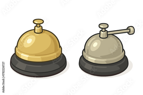 Shiny gold and metallic silver reception bells used for calling service at a counter or front desk