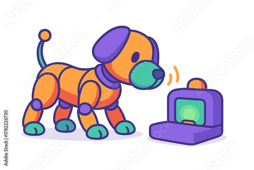 Brightly colored robotic dog character interacting with a futuristic smart electronic device