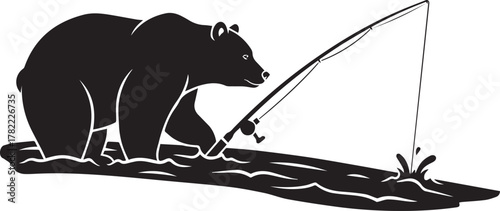 Silhouette of a bear fishing with a rod standing in the water at dawn