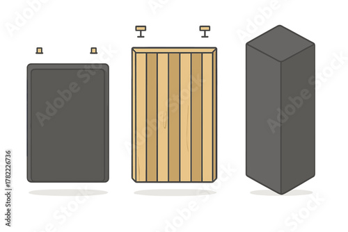 Three rectangular objects displaying various materials and forms for interior design