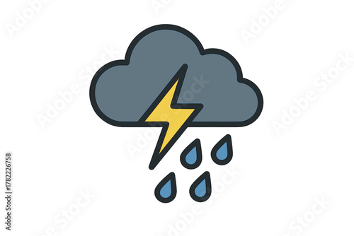 Dark storm cloud with bright yellow lightning bolt and falling blue raindrops
