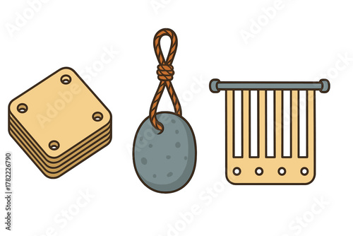 Collection of rustic game elements featuring stacked wooden bases, a stone weight on a rope, and a wooden scoring board