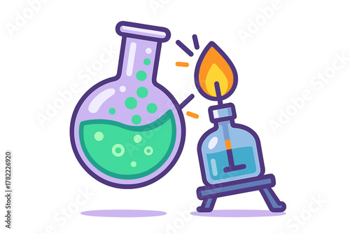 Chemistry experiment setup with a flask of green liquid heated by a laboratory burner