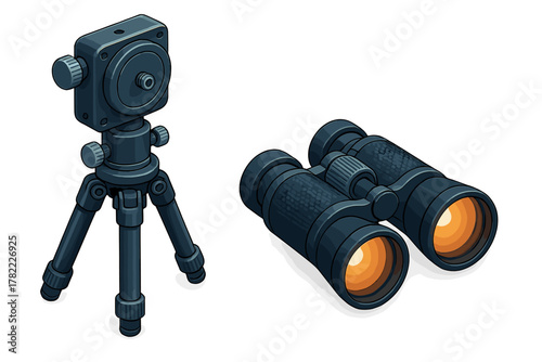 Dark gray binoculars and compact camera tripod for observation and photography equipment