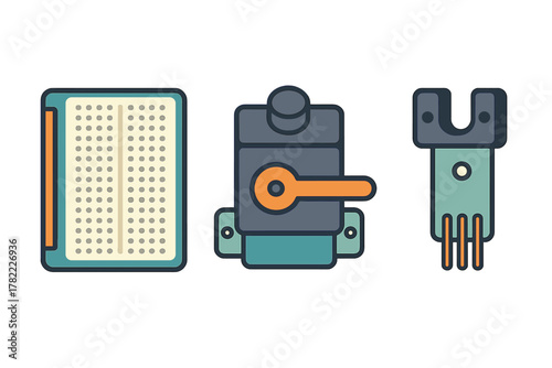 Electronic components set featuring a prototyping breadboard, switch mechanism, and connector part