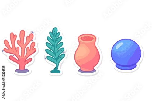 Cute colorful underwater stickers with coral, seaweed, sponge, and bubble elements