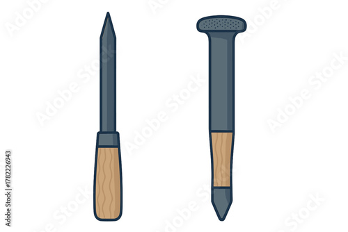 Two essential woodworking tools: a pointed metal chisel and a nail set with a textured head and wooden grip detail