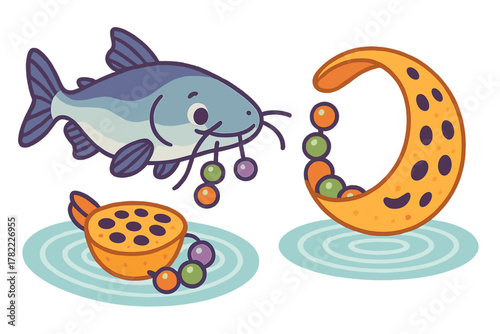 Cute cartoon catfish character playing with a crescent moon and colorful spheres in a bowl