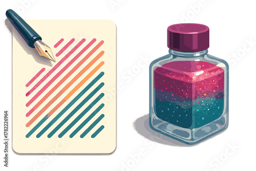 Fountain pen writing colorful diagonal lines next to a square bottle of shimmering gradient ink